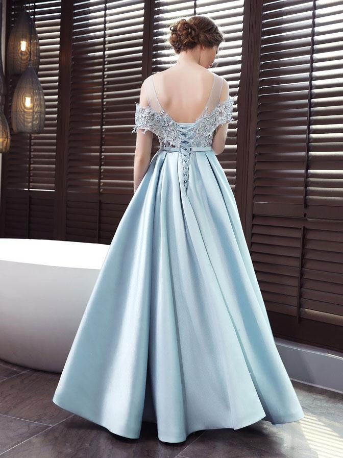 Light Blue Long Satin Lace Off Shoulder Floor Length Prom Dress, Blue Formal Dress cg16500