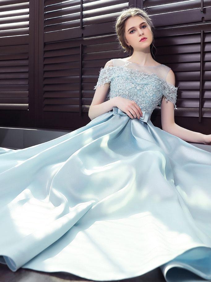 Light Blue Long Satin Lace Off Shoulder Floor Length Prom Dress, Blue Formal Dress cg16500
