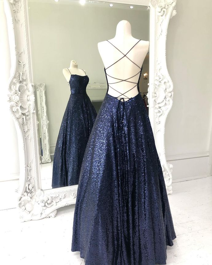 Navy Blue Sequined A-line Long prom Dress cg16512