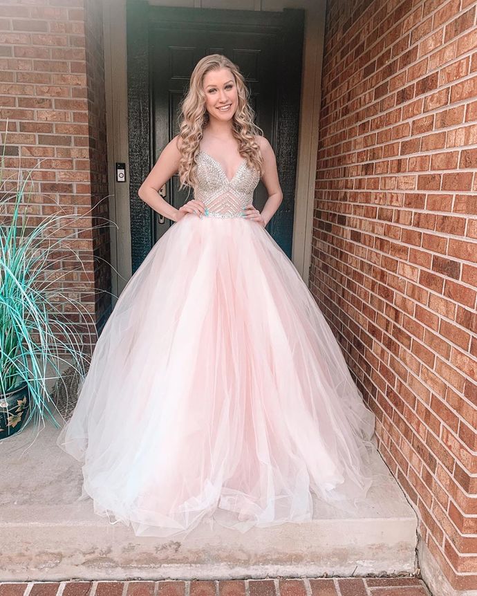 Lace Up Back Pink Tulle Long Prom Dress cg16516