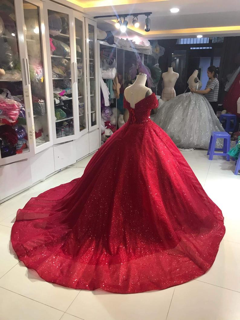 Off shoulder Dress - Off shoulder Red Dress - Red Glitter Fabric - Red Ballgown Dress Prom Dress cg16521