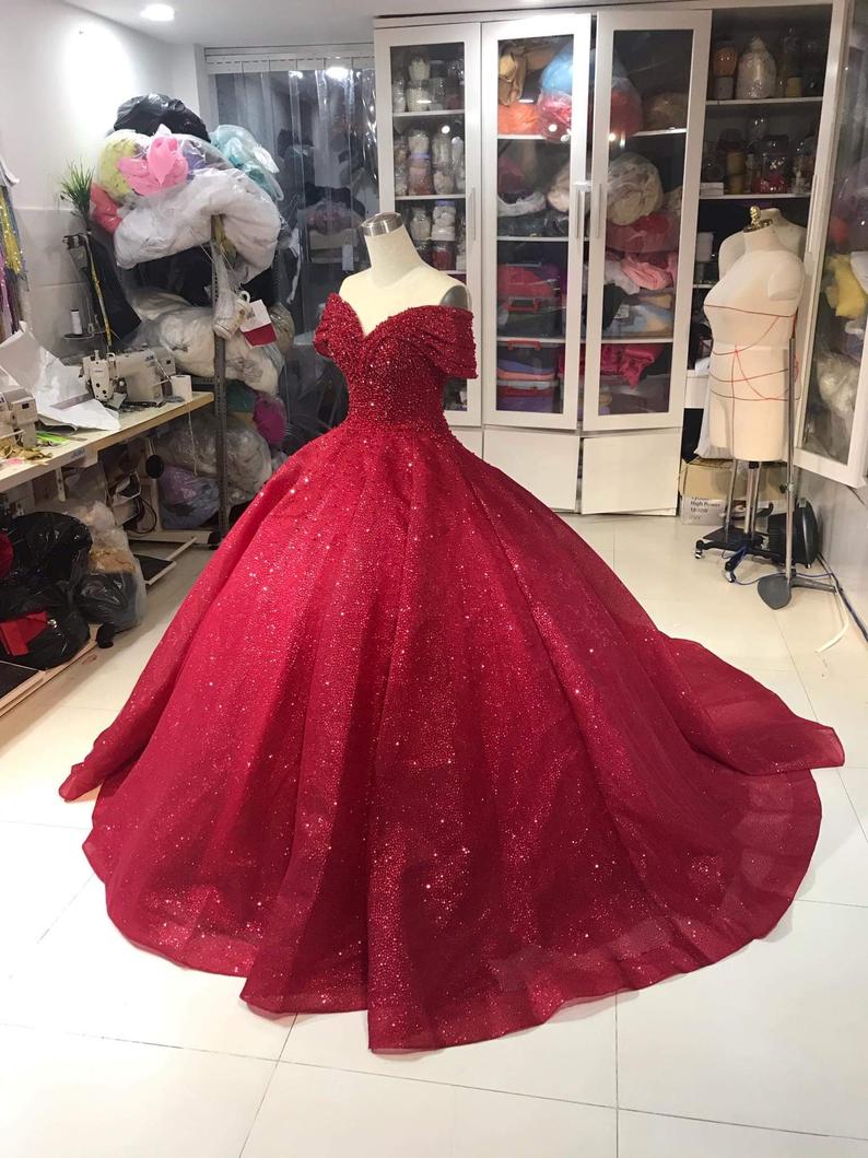 Off shoulder Dress - Off shoulder Red Dress - Red Glitter Fabric - Red Ballgown Dress Prom Dress cg16521