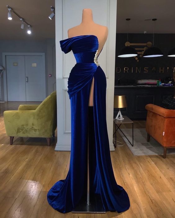 One Shoulder Royal Blue Velvet Evening prom Dress with Slit cg16533 classygown One Shoulder Royal Blue Velvet Evening prom Dress with Slit cg16533 classygown