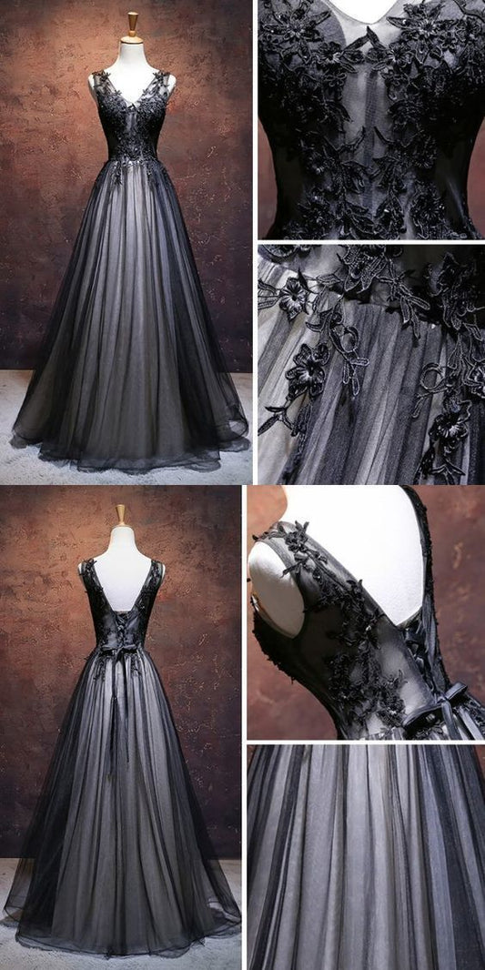 Schickes A-Linien-Kleid mit V-Ausschnitt und Bodenlänge, Tüll, schwarz, Applikationen, langes Ballkleid, Abendkleid, cg16542