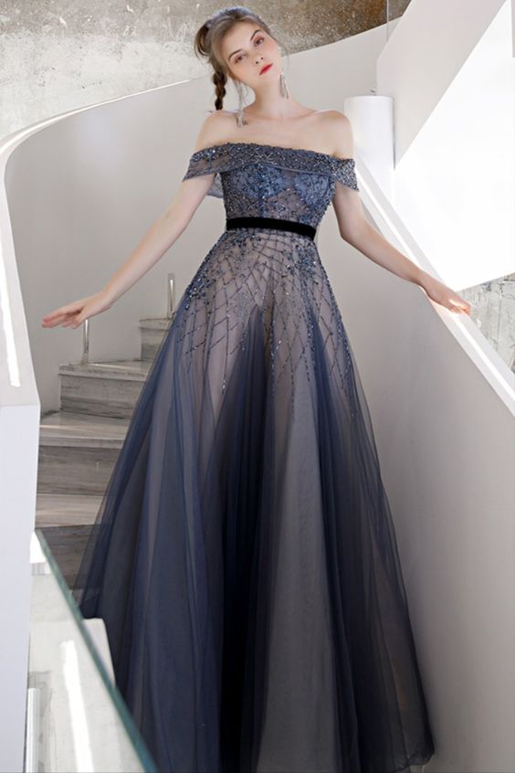princess off the shoulder navy blue long evening dress prom dress 2021 cg16557
