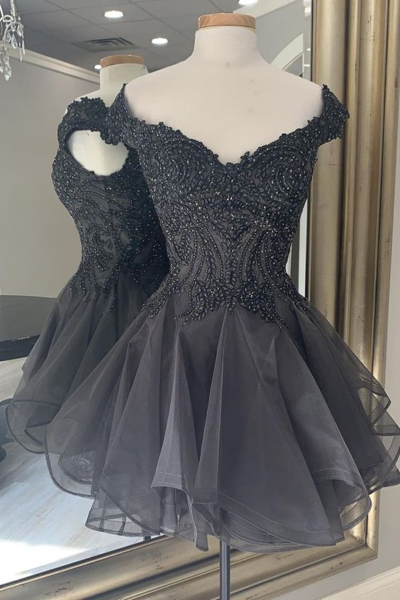 off the shoulder black short party dress Homecoming Dress cg16558