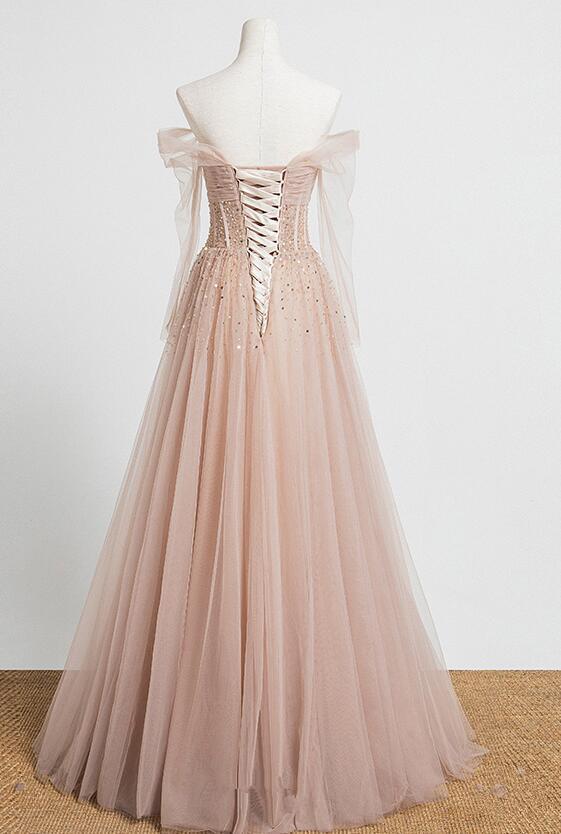 Pearl Pink Off Shoulder Long Sleeves Sequins Prom Dress, A-Line Party Dress Formal Dress cg16565