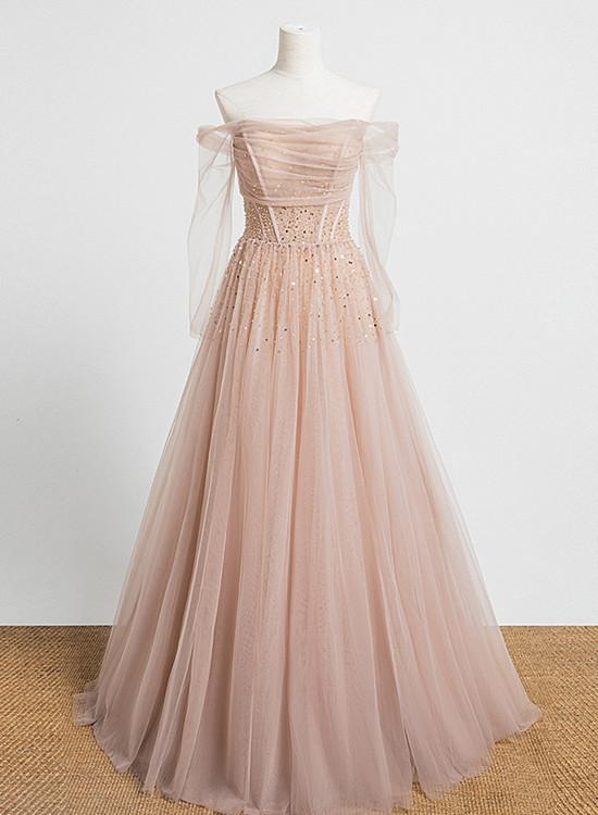 Pearl Pink Off Shoulder Long Sleeves Sequins Prom Dress, A-Line Party Dress Formal Dress cg16565