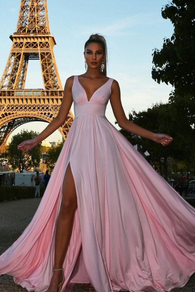 Simple pink v neck satin long prom dress pink evening dress cg16568