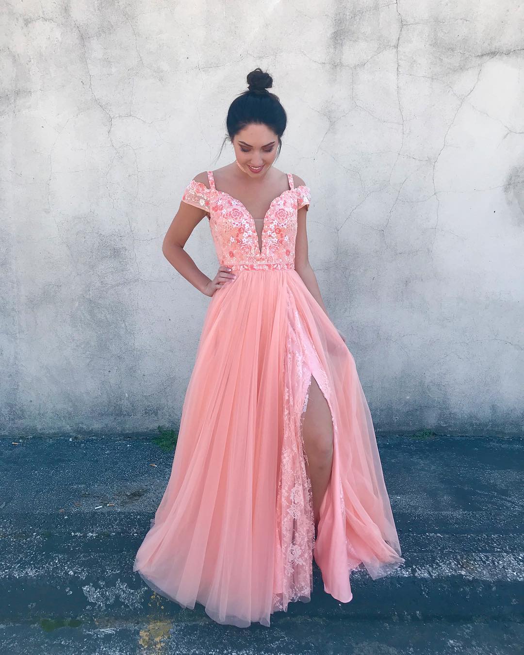 PINK LACE LONG A LINE PROM DRESS OFF SHOULDER EVENING DRESS cg16569