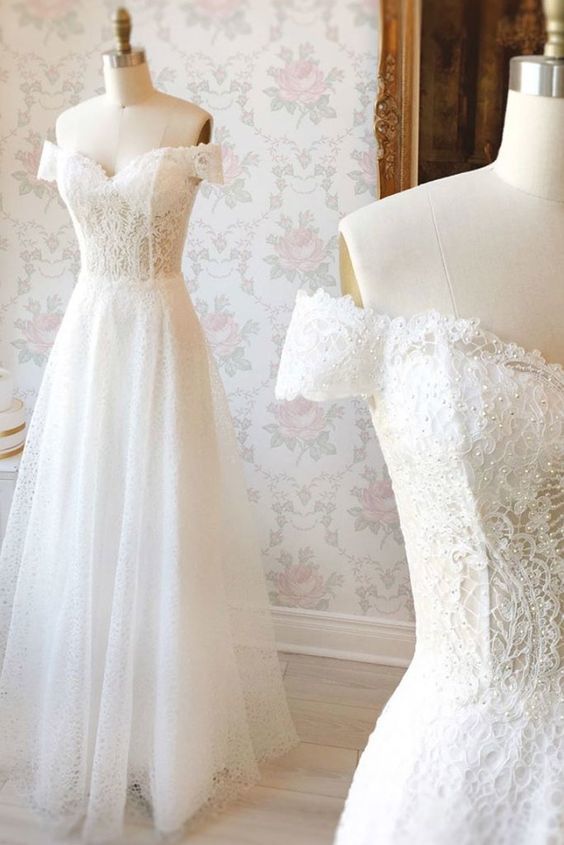 White lace off shoulder long prom dress white lace evening dress cg16577