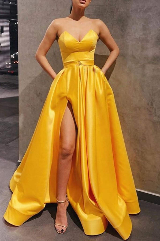 Strapless Sweetheart Neck Yellow Satin Long Prom Dress, Long Yellow Formal Graduation Evening Dress with Slit cg16579