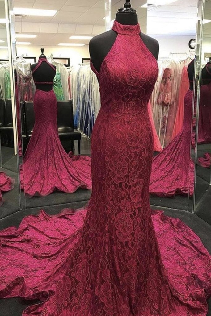High Neck Backless Burgundy Lace long Prom Dress, Long Burgundy Lace Formal Evening Dress, Burgundy Ball Gown cg16580