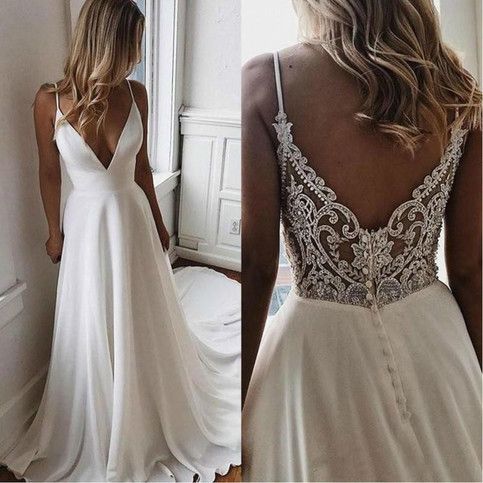 Schlichtes Chiffon-A-Linien-Boho-Strandhochzeitskleid mit V-Ausschnitt und Perlenapplikationen, formelle Brautkleider, Ballkleid cg16598
