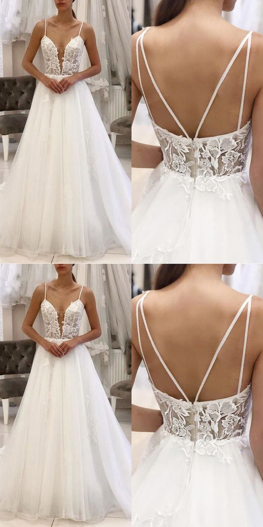 Sexy Tiefem V-Ausschnitt Spaghettiträgern Spitze und Tüll Braut Brautkleider Ballkleid cg16612