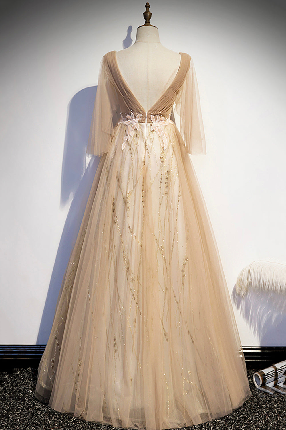 CHAMPAGNE V NECK LACE LONG PROM DRESS A LINE EVENING DRESS cg16616