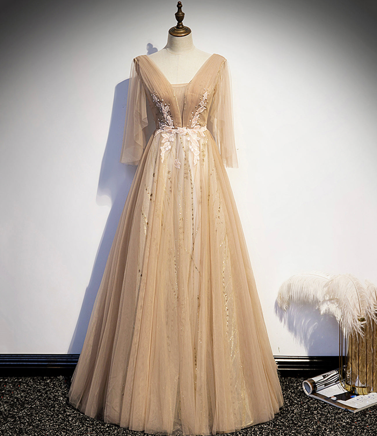 CHAMPAGNE V NECK LACE LONG PROM DRESS A LINE EVENING DRESS cg16616