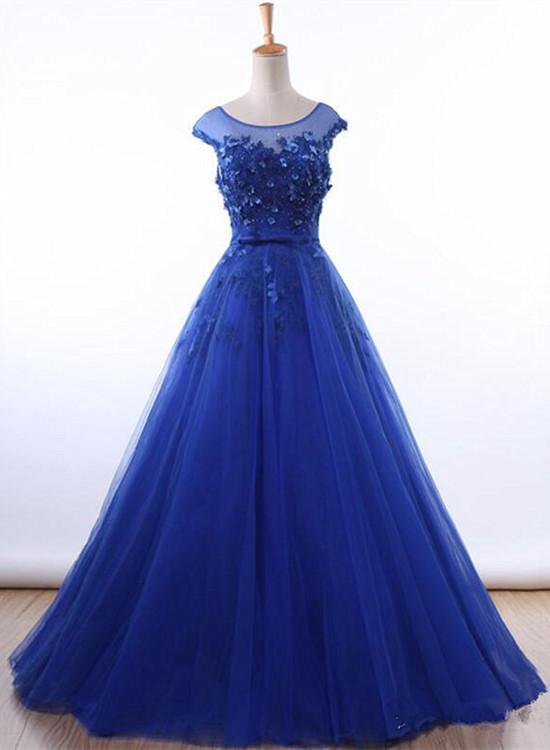 Royal Blue Ball Gown Tulle With Lace Round Cap Sleeves Prom Dress, Blue Sweet 16 Dress cg16637