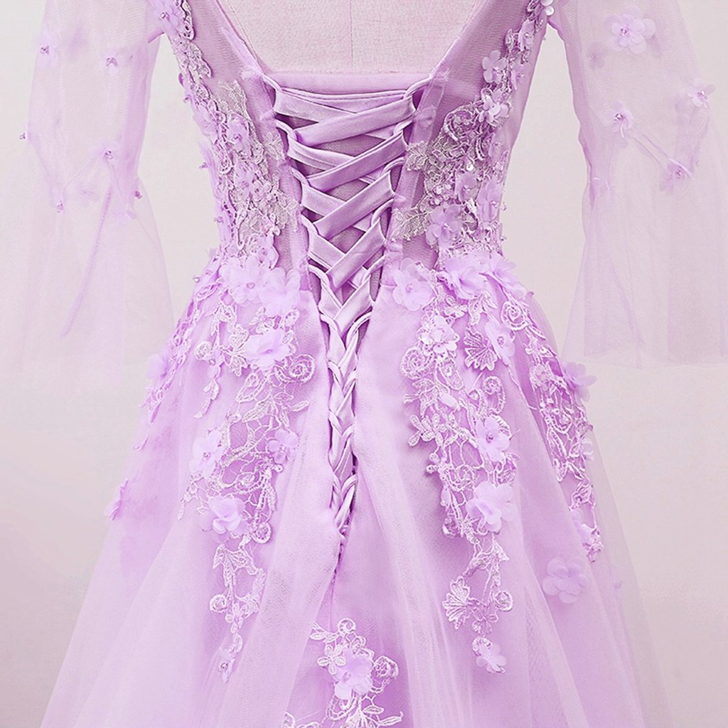 Light Purple Tulle V-Neckline Lace Applique New Prom Dress 2021, Lavender Party Dress cg16639