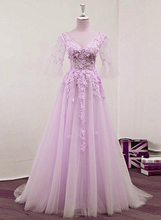 Light Purple Tulle V-Neckline Lace Applique New Prom Dress 2021, Lavender Party Dress cg16639