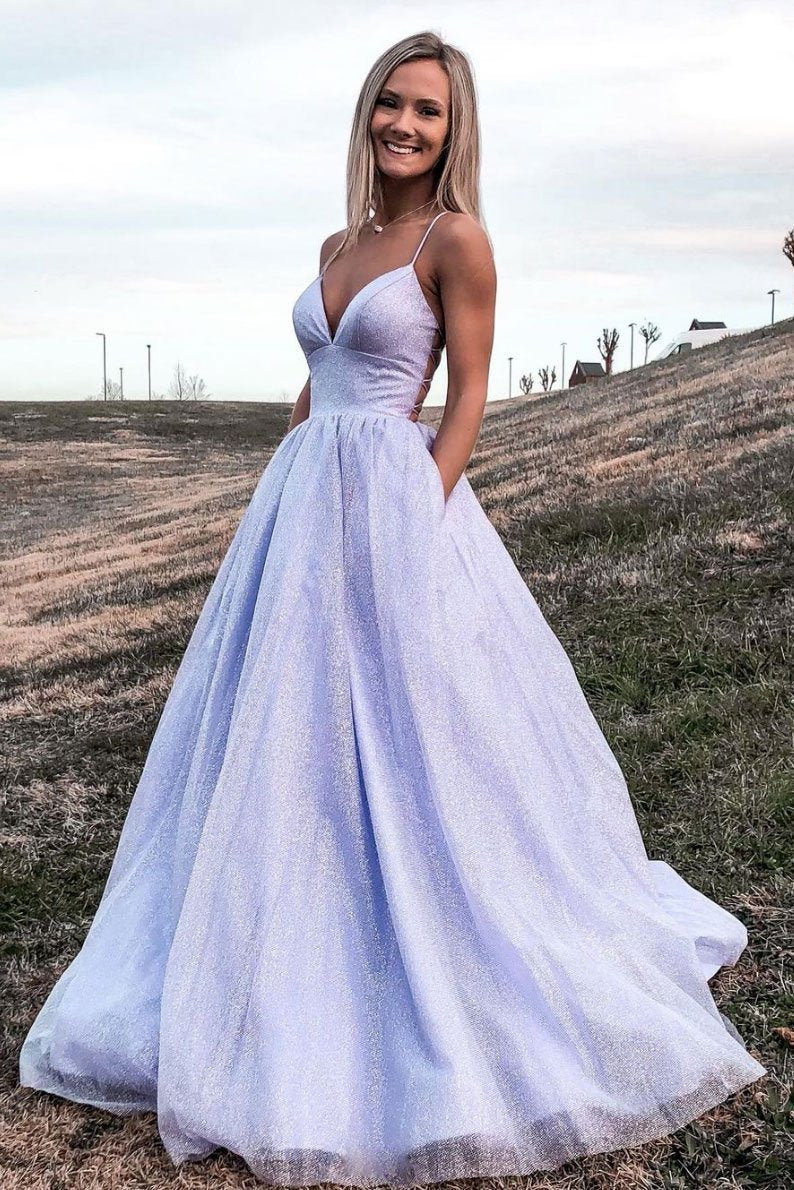 Purple v neck tulle long prom dress, light purple evening dress cg16642