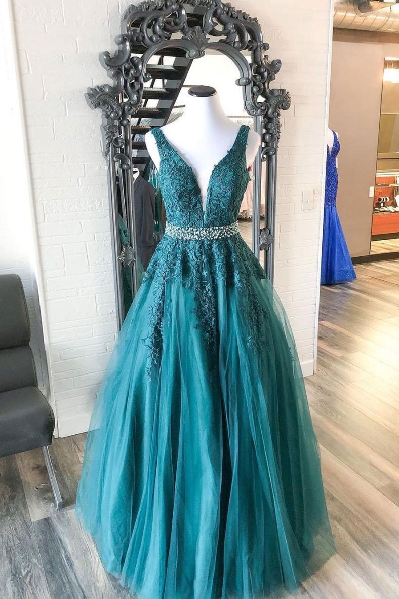 Green v neck tulle lace long prom dress, green formal dress cg16643