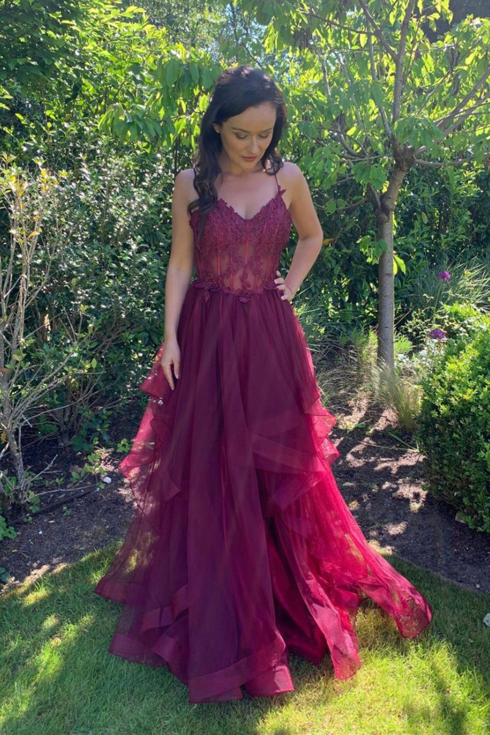 BURGUNDY LACE LONG PROM DRESS EVENING DRESS cg16644 – classygown
