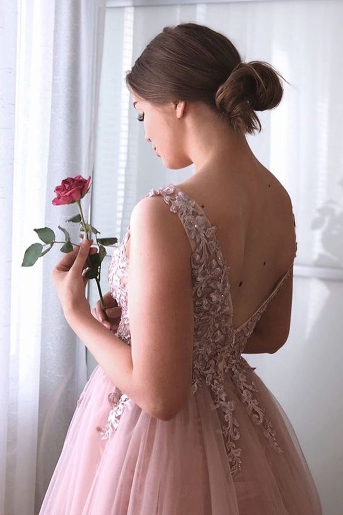 A Line V Neck Pink Lace Long Prom Dress, Pink Lace Formal Graduation Evening Dress cg16648