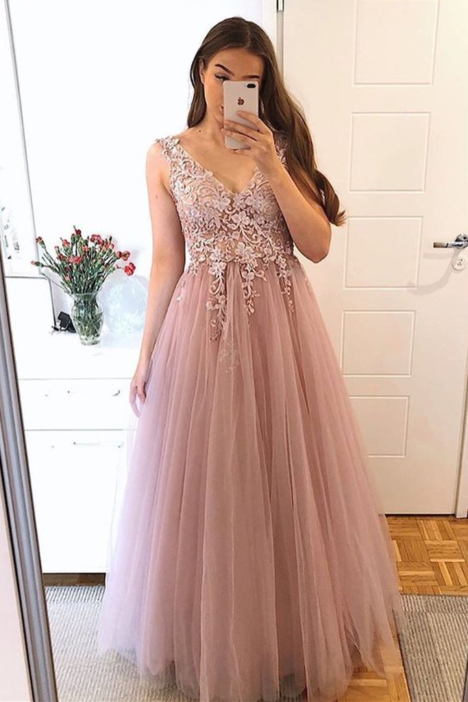 A Line V Neck Pink Lace Long Prom Dress, Pink Lace Formal Graduation Evening Dress cg16648