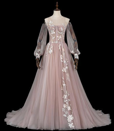 Pink tulle lace long prom dress pink evening dress cg16651