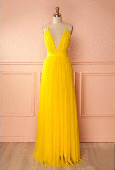 Yellow A Line Tulle Prom Dress,Long Evening Dress,Spaghetti Strap Formal Dresses cg16653