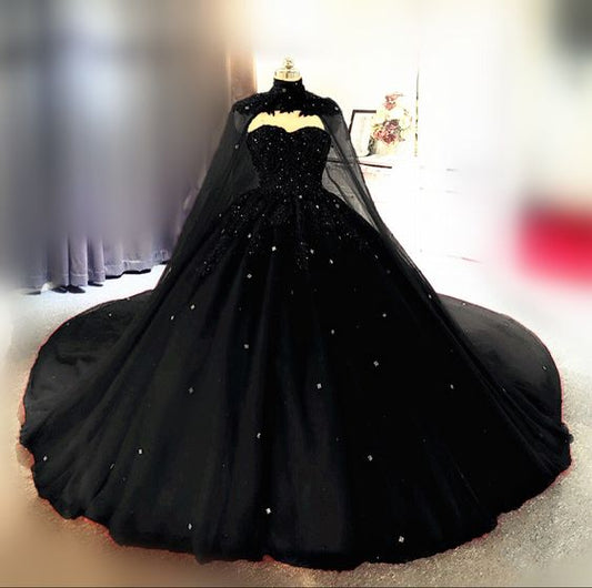 Vintage Gothic-Stil Schwarze Quinceanera-Kleider Ballkleid mit Cape Ballkleider cg16667