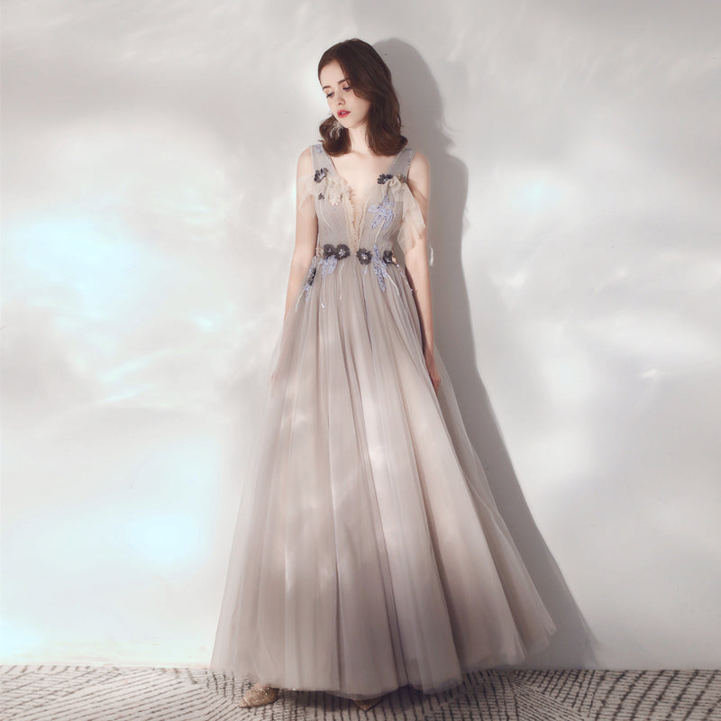 CUTE V NECK TULLE LONG PROM DRESS EVENING DRESS cg16670