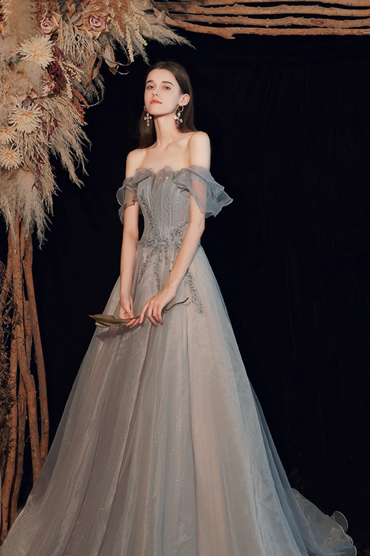 SHINY TULLE LONG PROM DRESS A LINE EVENING DRESS cg16671