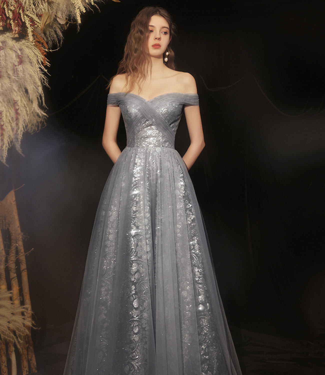 GREY LONG A LINE PROM DRESS OFF SHOULDER EVENING DRESS cg16672