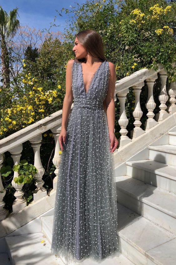 grey long prom dress fashion evening dress cg16688