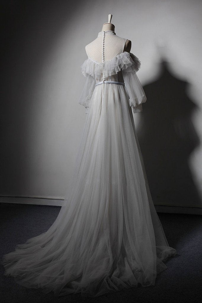 Gray Tulle Lace High Neck Long Senior Prom Dress, Gray Formal Dress With Sleeve cg16696