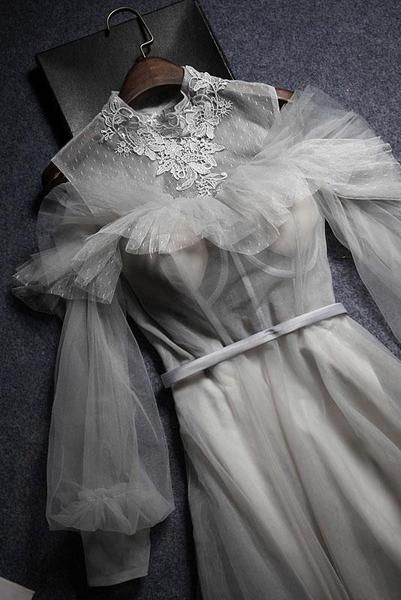 Gray Tulle Lace High Neck Long Senior Prom Dress, Gray Formal Dress With Sleeve cg16696