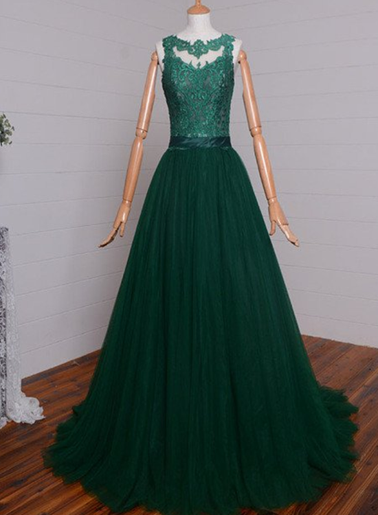 Dark Green Tulle With Lace Applique Long Prom Dress, A-Line Evening Dress, Formal Dress cg16700