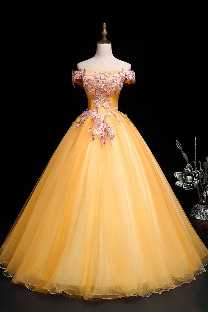 Yellow Tulle Off Shoulder Long Custom Size Senior Prom Dress, Evening Dress cg16709