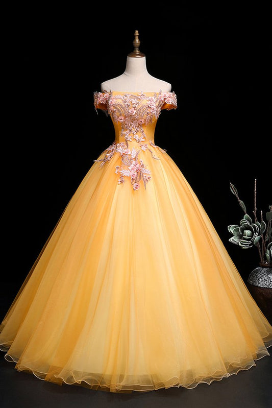 Gelbes Tüll-Schulterfreies langes Abschlussballkleid in Sondergröße, Abendkleid cg16709