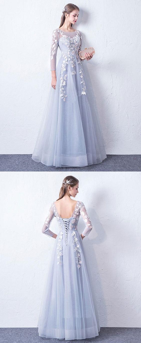 Gray blue cute round neck lace applique tulle long prom dress, evneing dress cg16715