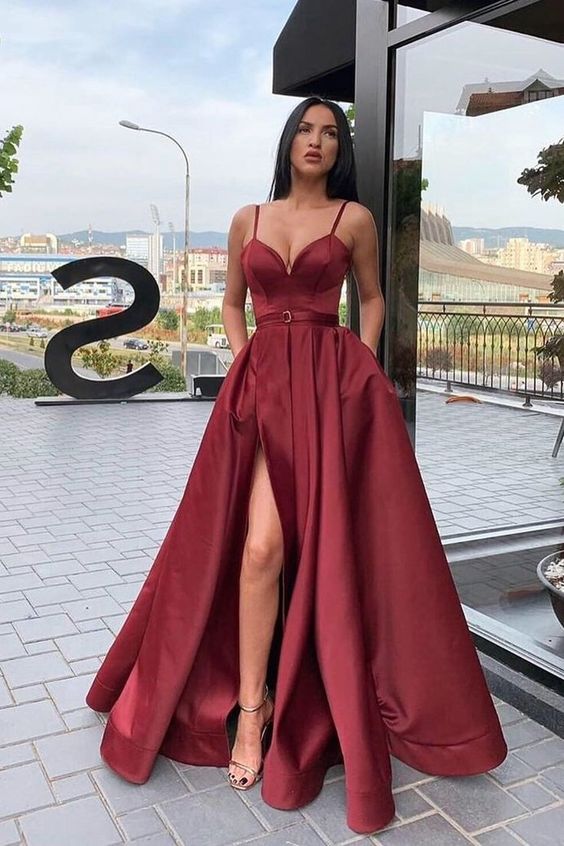 Straps A-Line Maroon Long Prom Dress with Slit cg16719