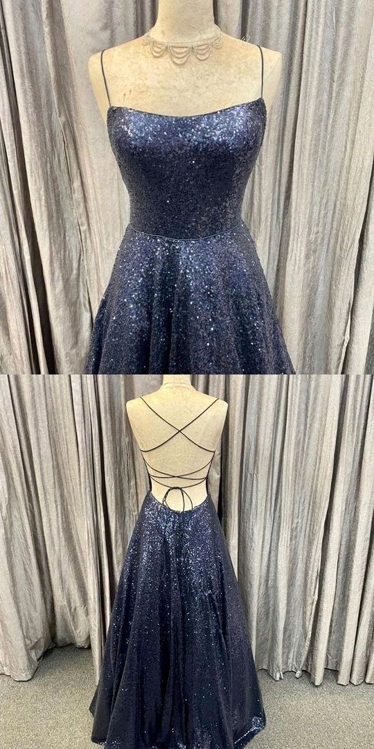 Navy Blue Sequined Prom Dress cg16730