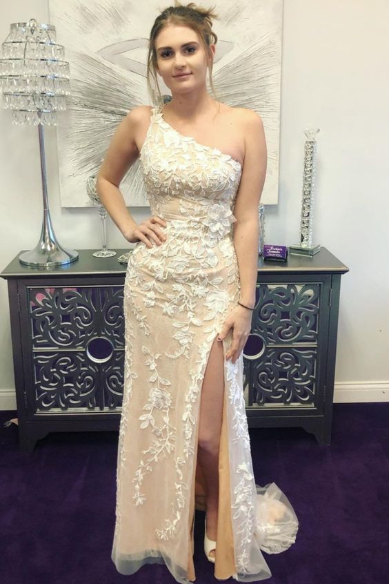 tight one shoulder ivory lace long formal dress with side slit prom dress cg16732