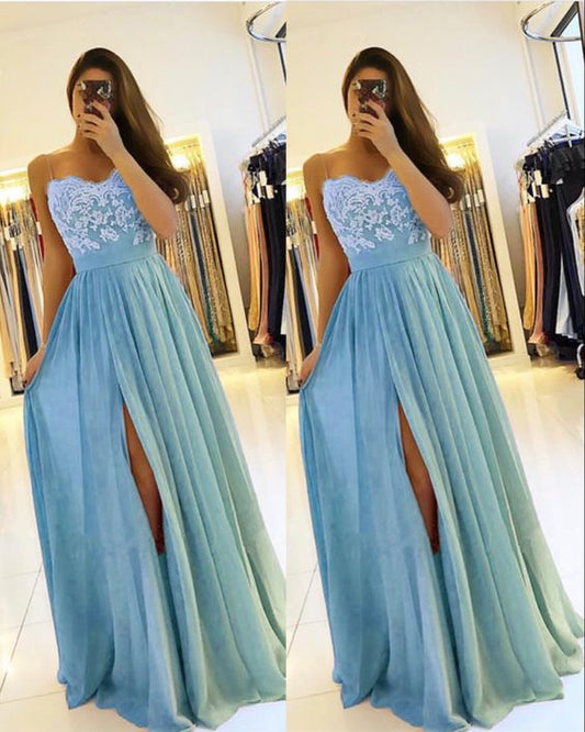 Hellblaues Brautjungfernkleid aus Chiffon mit Schlitz, Abendkleid mit Spitzenapplikationen, Ballkleid cg16741