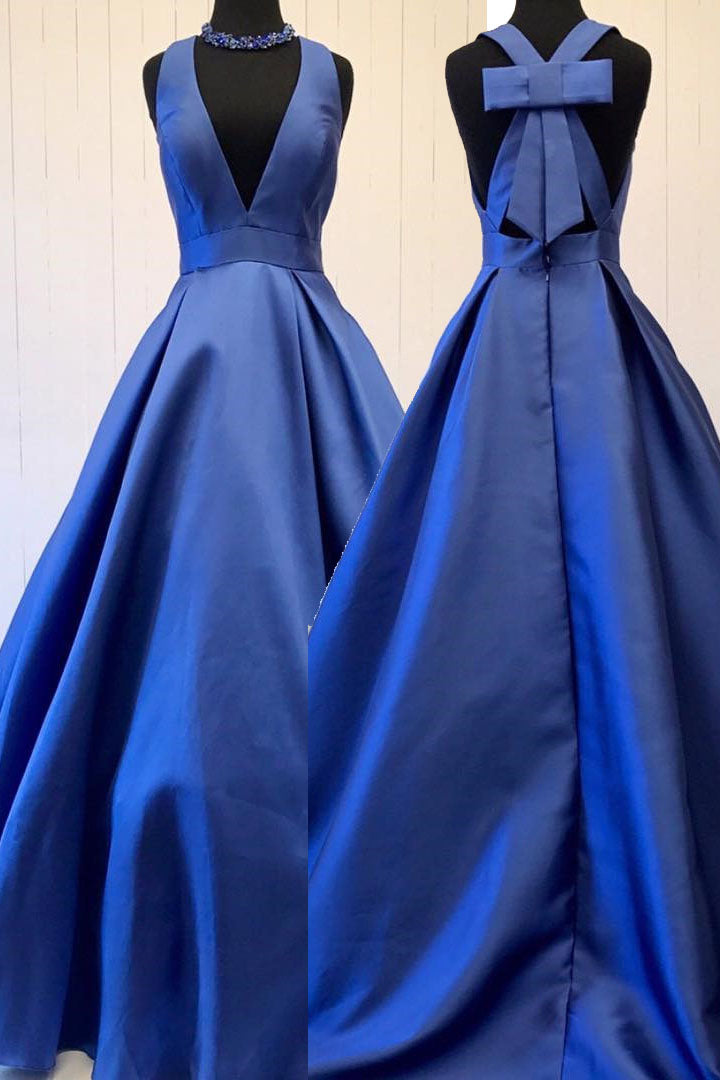 Sexy Deep V-neck Long Satin Bow Back Evening Dresses,Floor Length Prom Gowns cg16744