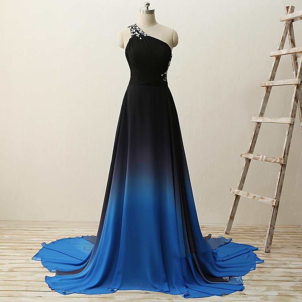 One Shoulder Beaded Chiffon Gradient Long Party Dress, Blue Formal Dress, Prom Dress cg16746