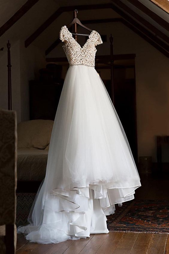 Cap Sleeve Appliques Lace Tulle Prom Dress cg16751