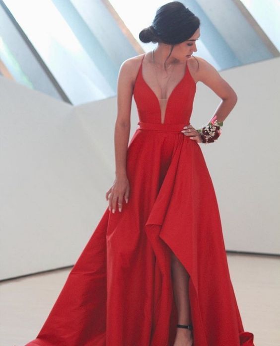 Charming A-Line V Neck Red Satin Long Prom Dresses cg16755
